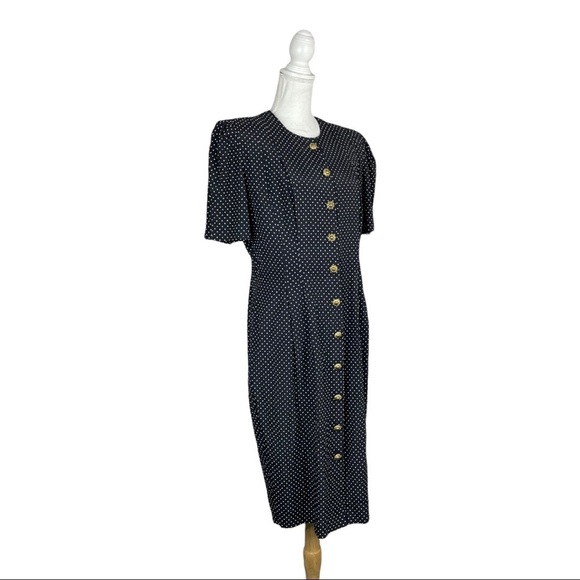 SL Fashions Vintage 80's 90's Black White Polkadot Midi Sheath Dress Rockabilly - Picture 3 of 9